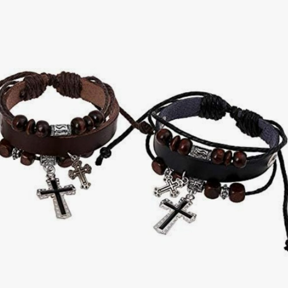New Retro Braided Cross Pendant Layered Bracelet